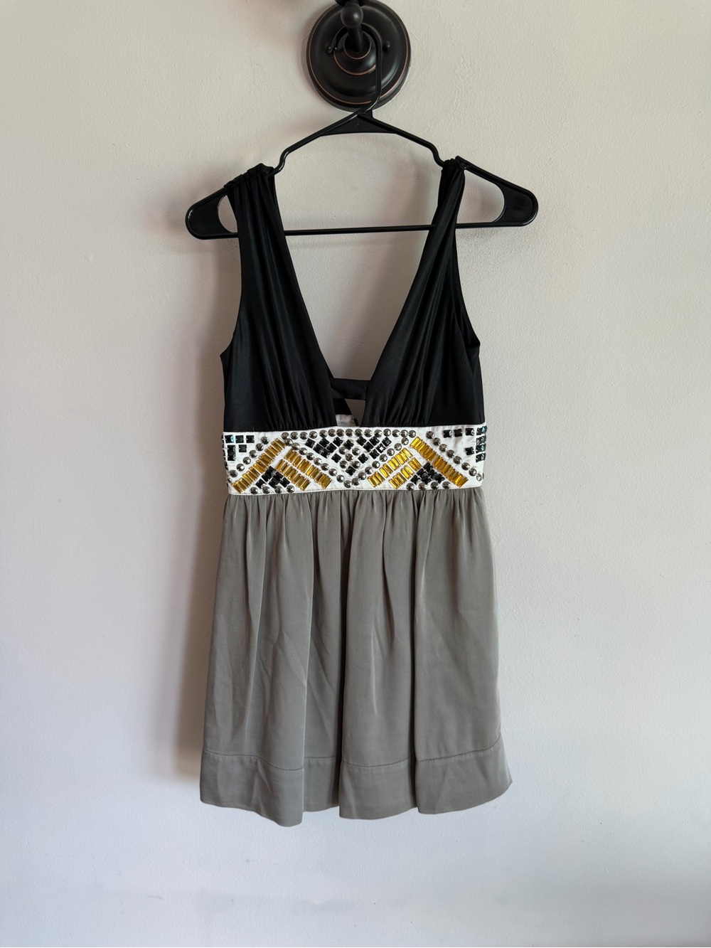 bebe Black Bodice Taupe‎ Skirt Embellished Waist Mini Dress